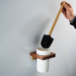 Nes Home Luxury Toilet Brush, Holder & Ceramic Bowl Wooden Walnut & Gold in White