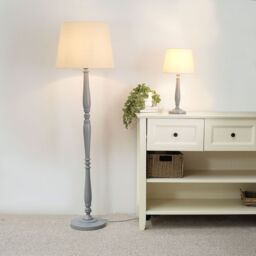 ValueLights Victoria Grey Wood Traditional Floor Lamp with Fabric Tapered Shade & LED Bulb in Cream - thumbnail 5