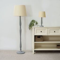 ValueLights Victoria Grey Wood Traditional Floor Lamp with Fabric Tapered Shade & LED Bulb in Cream - thumbnail 4