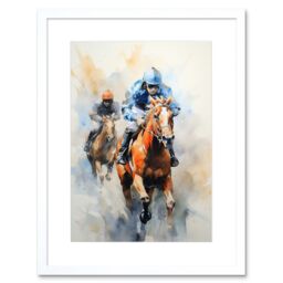 Artery8 Wall Art Print Horseracing Jockeys Racing Horses Action Watercolour Kentucky Derby Grand National Cheltenham Gold Cup Painting Blue Orange - thumbnail 1