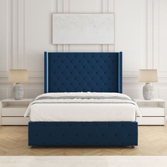 "BSSPOKE Ruby Divan Bed Set Plush Velvet 54"" Headboard & Mattress No Drawers in Blue - Size: Super King" - image 1