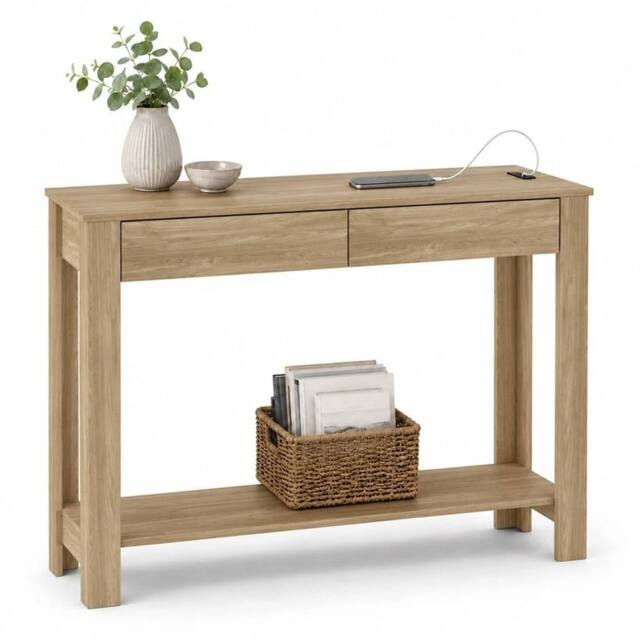 FORGEVIO Oak 2 Drawer Console Table w/ USB Ports Storage Shelf in Brown - Size: 0.6m2 - image 1