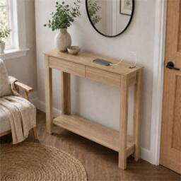FORGEVIO Oak 2 Drawer Console Table w/ USB Ports Storage Shelf in Brown - Size: 0.6m2 - thumbnail 4