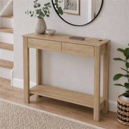 FORGEVIO Oak 2 Drawer Console Table w/ USB Ports Storage Shelf in Brown - Size: 0.6m2 - thumbnail 2