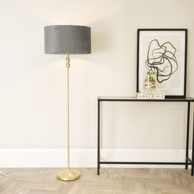 ValueLights Maggie Gold Candlestick Floor Lamp with Velvet Lamp Shade & LED Bulb in Grey