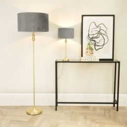 ValueLights Maggie Gold Candlestick Floor Lamp with Velvet Lamp Shade & LED Bulb in Grey - thumbnail 4