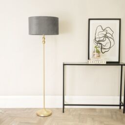 ValueLights Maggie Gold Candlestick Floor Lamp with Velvet Lamp Shade & LED Bulb in Grey - thumbnail 3