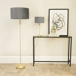 ValueLights Maggie Gold Candlestick Floor Lamp with Velvet Lamp Shade & LED Bulb in Grey - thumbnail 5