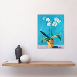 "Artery8 White Orchid Flower Pot Painting Wall Art Print in Blue - Size: W24"" x H32""" - thumbnail 4