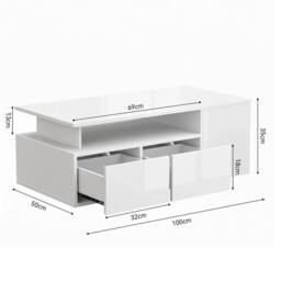 KORVIXA LED High Gloss Modern Coffee Table with 2 Push Latch Drawers Center in White - Size: 100 cm x 100 cm - thumbnail 2