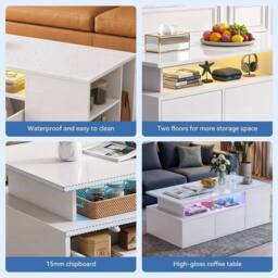KORVIXA LED High Gloss Modern Coffee Table with 2 Push Latch Drawers Center in White - Size: 100 cm x 100 cm - thumbnail 5