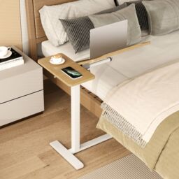 Costway Mobile Over Bed Desk Height Adjustable Standing Laptop Cart in Natural - thumbnail 8