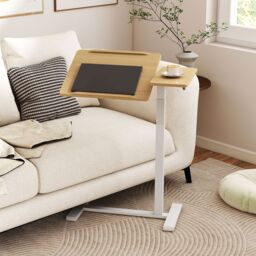 Costway Mobile Over Bed Desk Height Adjustable Standing Laptop Cart in Natural - thumbnail 3