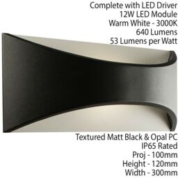 Loops IP65 Outdoor Modern Curved Wall Light Black Texture Aluminium 12W Warm White LED - thumbnail 2