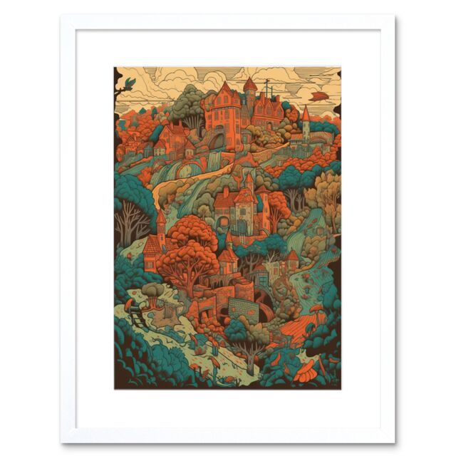 "Artery8 Wall Art Print Village in Forest Coral & Teal Blue Artwork Framed 9X7 Inch in White - Size: W7"" x H9""" - image 1