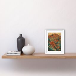 "Artery8 Wall Art Print Village in Forest Coral & Teal Blue Artwork Framed 9X7 Inch in White - Size: W7"" x H9""" - thumbnail 2