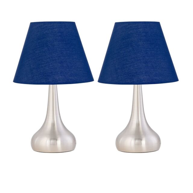 First Choice Lighting Set of 2 Romana - Brushed Chrome Touch Lamps with Navy Blue Shades in Silver - image 1
