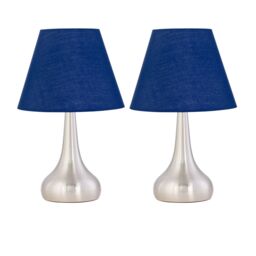 First Choice Lighting Set of 2 Romana - Brushed Chrome Touch Lamps with Navy Blue Shades in Silver