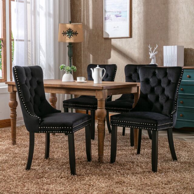 HomeTouch Angie 4 Lux Black Velvet Upholstered Kitchen Dining Chairs with Pull Knocker Back - Size: 4 Pack - image 1