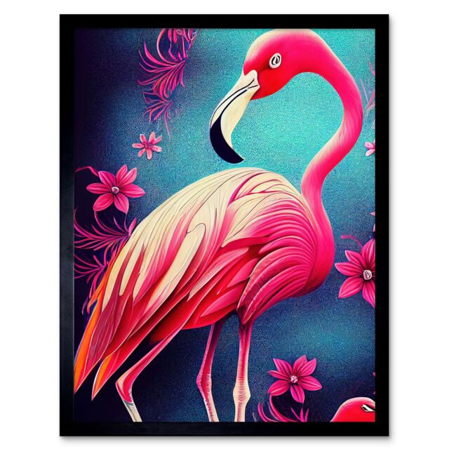 "Artery8 Wall Art Print Vibrant Flamingo With Pink Florals Flowers Art Framed in Black - Size: W12"" x H16""" - image 1