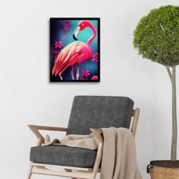 "Artery8 Wall Art Print Vibrant Flamingo With Pink Florals Flowers Art Framed in Black - Size: W12"" x H16""" - thumbnail 2
