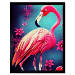"Artery8 Wall Art Print Vibrant Flamingo With Pink Florals Flowers Art Framed in Black - Size: W12"" x H16""" - thumbnail 1