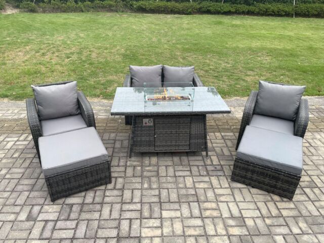 Fimous Rattan Outdoor Garden Furniture Sofa Set Gas Fire Pit Dining Table Gas Heater with Love Sofa 2 Big Footstool Dark Grey Mixed - image 1