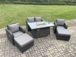 Fimous Rattan Outdoor Garden Furniture Sofa Set Gas Fire Pit Dining Table Gas Heater with Love Sofa 2 Big Footstool Dark Grey Mixed - thumbnail 3