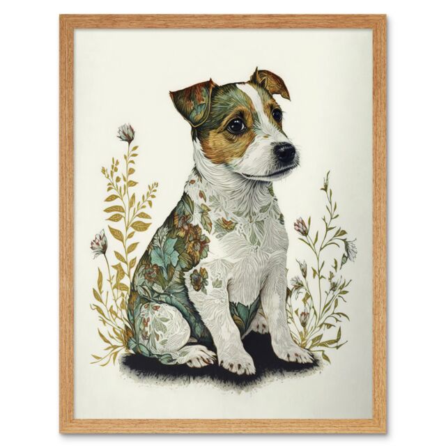 "Artery8 Wall Art Print Cute Jack Russel Dog Puppy & Flower Patterns Colour Pencil Art Framed in Light Oak - Size: W12"" x H16""" - image 1