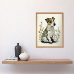 "Artery8 Wall Art Print Cute Jack Russel Dog Puppy & Flower Patterns Colour Pencil Art Framed in Light Oak - Size: W12"" x H16""" - thumbnail 2