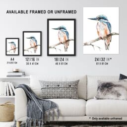 "Artery8 Blue Kingfisher Bird Modern Watercolour Simple Framed Art Print in White - Size: W12"" x H16""" - thumbnail 3