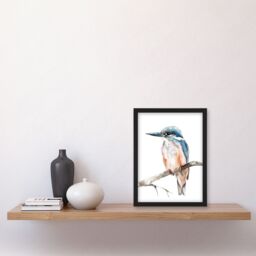 "Artery8 Blue Kingfisher Bird Modern Watercolour Simple Framed Art Print in White - Size: W12"" x H16""" - thumbnail 4