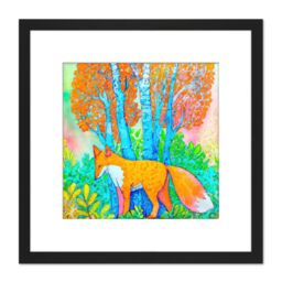 Artery8 Fox in Woods Trees Forest Vibrant Colours Orange Splatter Watercolour Painting Square Wooden Framed Wall Art Print Picture 8X8 Inch in Black - thumbnail 1