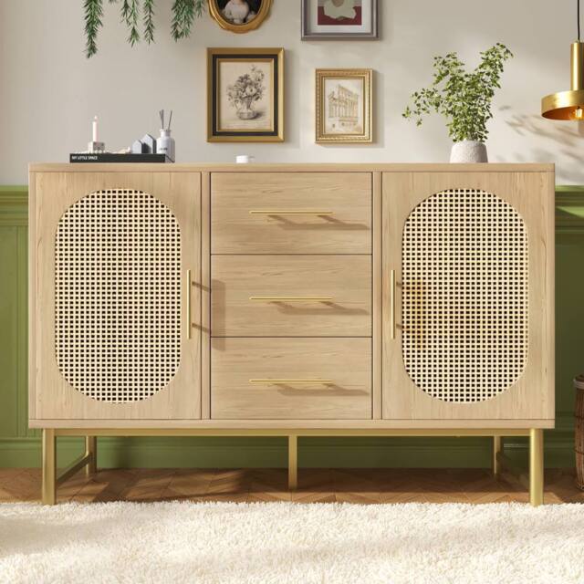 Merax Rattan Sideboard Storage Cabinet with 2 Doors 3 Drawers Metal Handles in Light Oak - image 1