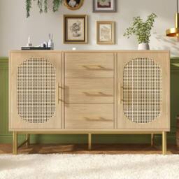 Merax Rattan Sideboard Storage Cabinet with 2 Doors 3 Drawers Metal Handles in Light Oak - thumbnail 1