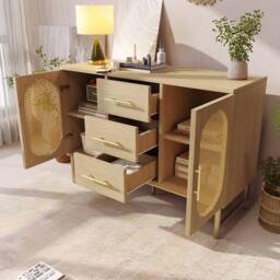 Merax Rattan Sideboard Storage Cabinet with 2 Doors 3 Drawers Metal Handles in Light Oak - thumbnail 7