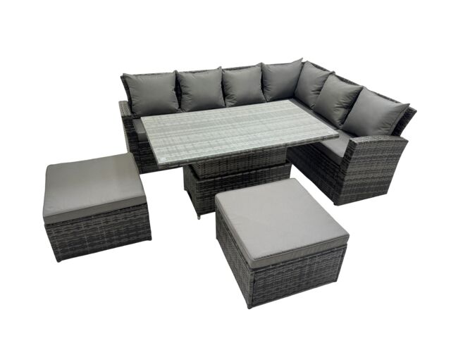 Fimous 8 Seat Rattan Garden Furniture Corner Sofa Set with 2 Big Footstools in Dark Grey