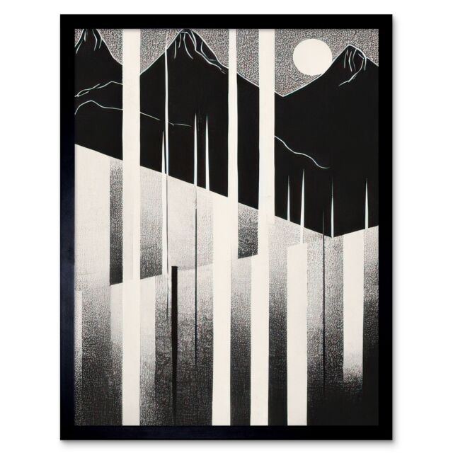 "Artery8 Wall Art Print Abstract Mountain Landscape Lake Sunrise Linocut Art Framed in Black - Size: W12"" x H16""" - image 1