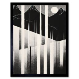 "Artery8 Wall Art Print Abstract Mountain Landscape Lake Sunrise Linocut Art Framed in Black - Size: W12"" x H16""" - thumbnail 1