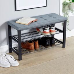 Home Source Metal Shoe Bench with Storage Shelfs For Entryway Hallway Seating Home in Grey - thumbnail 2