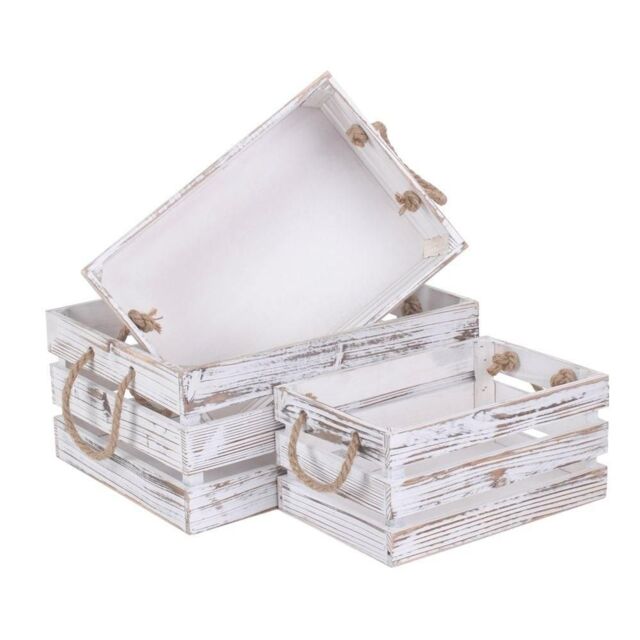 Red Hamper Set of 3 Distressed White Rope Handled Wooden Crates - image 1