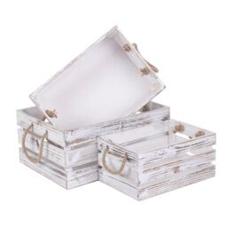Red Hamper Set of 3 Distressed White Rope Handled Wooden Crates