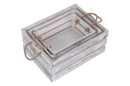 Red Hamper Set of 3 Distressed White Rope Handled Wooden Crates - thumbnail 4