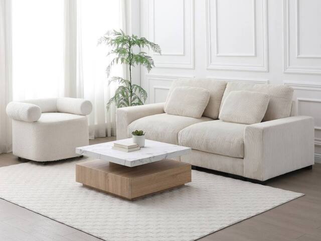 Vente-unique Swivel Coffee Table With 1 Drawer In MDF - White & Natural Marble in Light Oak - image 1
