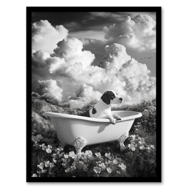 Artery8 Dog Lover Beagle in Floral Meadow Bathtub Surreal Framed Art Print in Grey - Size: A4 - image 1