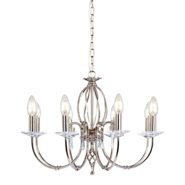 Loops 8 Bulb Chandelier Cut Glass Droplets Curved Stem Polished Nickel LED E14 60W in Metallics