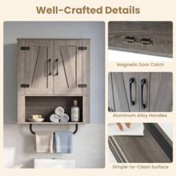 VOGREX 3-Tier Wooden Wall Storage Cabinet Bathroom Kitchen Living Room in Grey - thumbnail 4