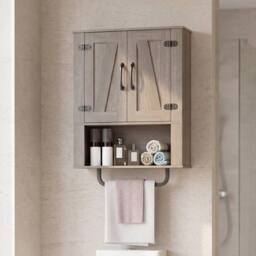 VOGREX 3-Tier Wooden Wall Storage Cabinet Bathroom Kitchen Living Room in Grey - thumbnail 3