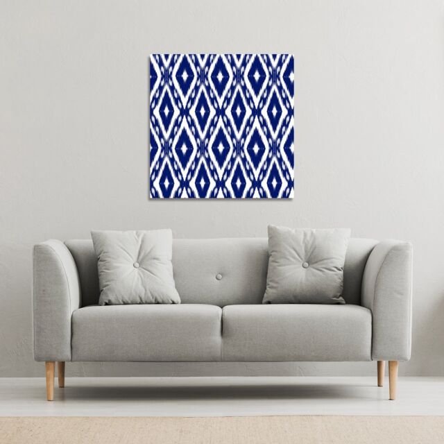 Benjamin Tate Design Tribal Art Ikat Ogee in traditional classic blue (Canvas Print) / 77 x 77 x 4cm in Natural - Size: 77 x 77 x 4 cm - image 1