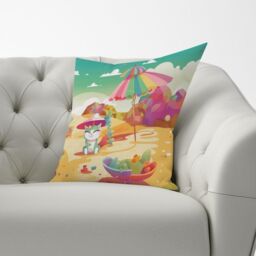 Warren Reed - Designer Kitten On A Beach Holiday Cushions in Yellow - Size: 60 cm x 60 cm - thumbnail 2